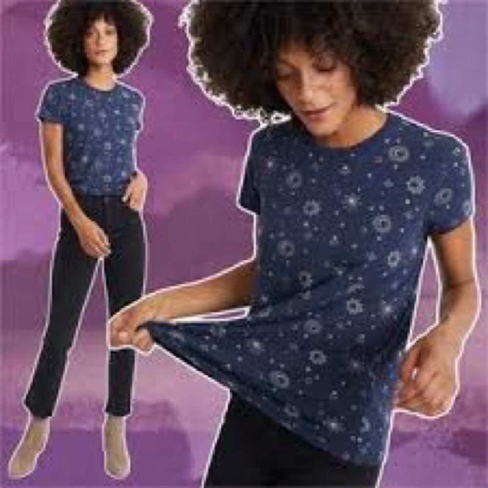 Marine Layer Women's Swing Crew Starry Print Short Sleeve Shirt Navy‎ Small